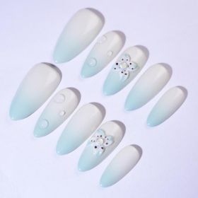 Gender Neutral Press On Nails White - Blue Gradient With 3D Flowers & Pearls In Stiletto Shape (Option: S)