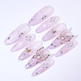 Gender Neutral Press On Nails Pink - Purple Gradient With Butterfly Art & Metal Embellishments In Stiletto Shape (Option: S)